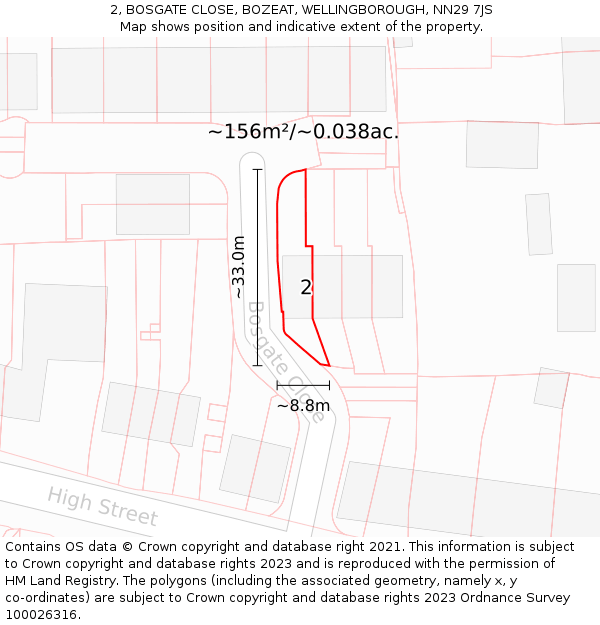 2, BOSGATE CLOSE, BOZEAT, WELLINGBOROUGH, NN29 7JS: Plot and title map