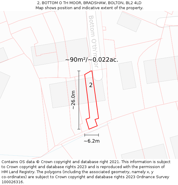 2, BOTTOM O TH MOOR, BRADSHAW, BOLTON, BL2 4LD: Plot and title map