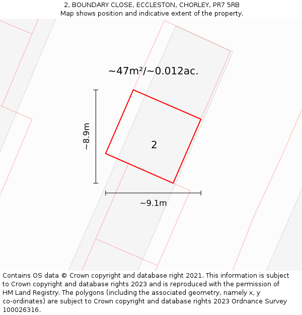 2, BOUNDARY CLOSE, ECCLESTON, CHORLEY, PR7 5RB: Plot and title map
