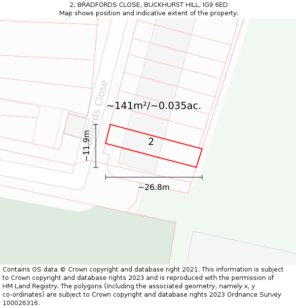 2, BRADFORDS CLOSE, BUCKHURST HILL, IG9 6ED: Plot and title map