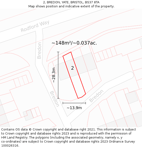 2, BREDON, YATE, BRISTOL, BS37 8TA: Plot and title map