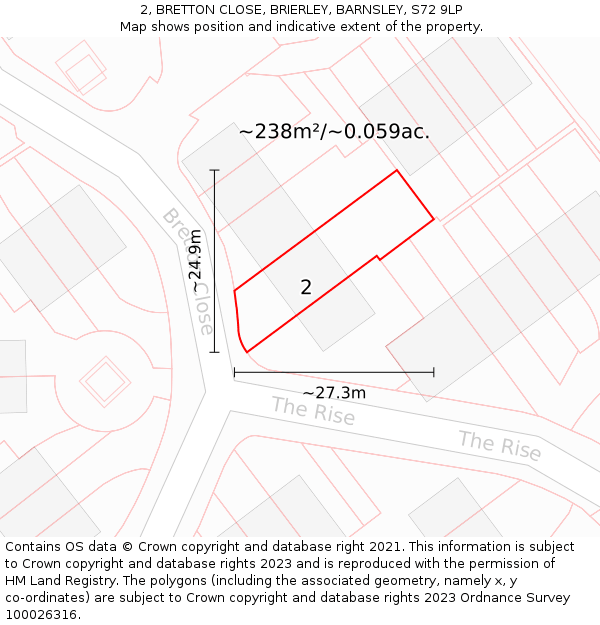 2, BRETTON CLOSE, BRIERLEY, BARNSLEY, S72 9LP: Plot and title map