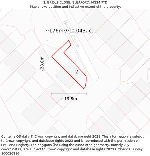 2, BRIDLE CLOSE, SLEAFORD, NG34 7TD: Plot and title map