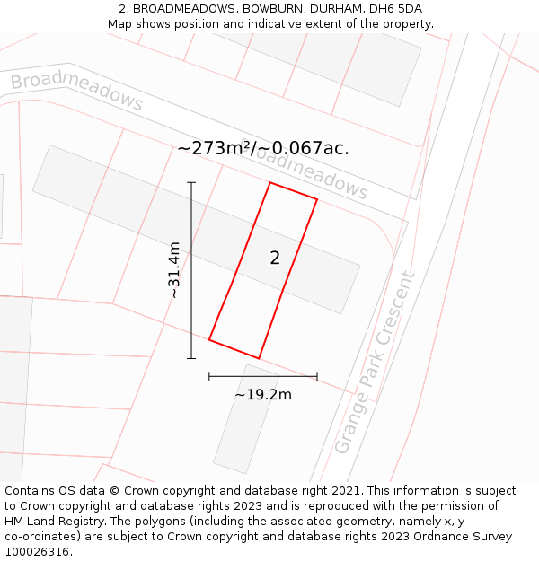 2, BROADMEADOWS, BOWBURN, DURHAM, DH6 5DA: Plot and title map