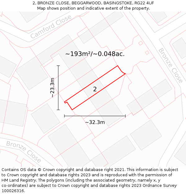 2, BRONZE CLOSE, BEGGARWOOD, BASINGSTOKE, RG22 4UF: Plot and title map