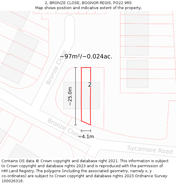 2, BRONZE CLOSE, BOGNOR REGIS, PO22 9RS: Plot and title map