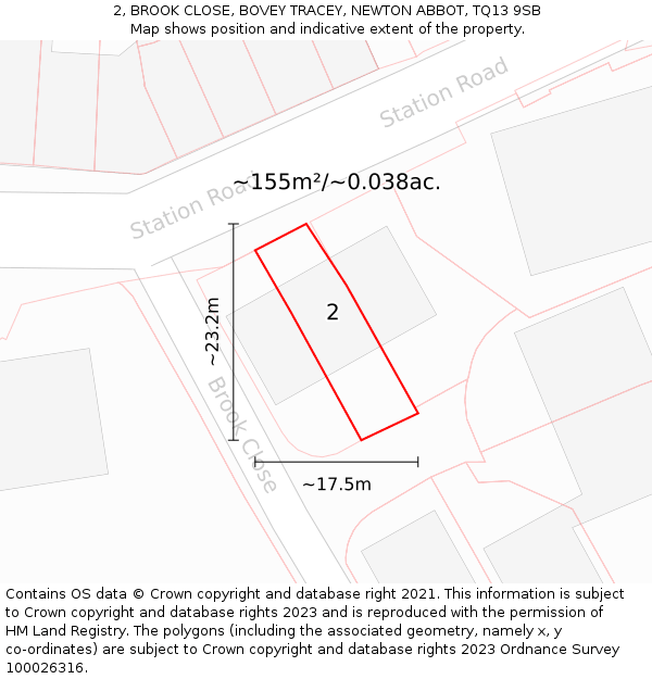 2, BROOK CLOSE, BOVEY TRACEY, NEWTON ABBOT, TQ13 9SB: Plot and title map