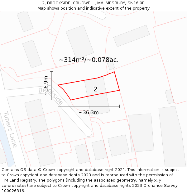 2, BROOKSIDE, CRUDWELL, MALMESBURY, SN16 9EJ: Plot and title map