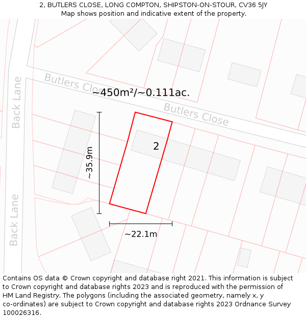 2, BUTLERS CLOSE, LONG COMPTON, SHIPSTON-ON-STOUR, CV36 5JY: Plot and title map