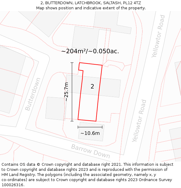 2, BUTTERDOWN, LATCHBROOK, SALTASH, PL12 4TZ: Plot and title map