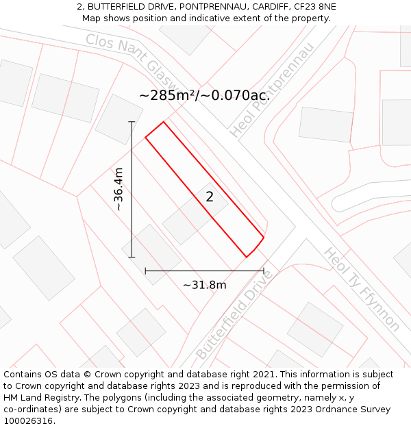 2, BUTTERFIELD DRIVE, PONTPRENNAU, CARDIFF, CF23 8NE: Plot and title map