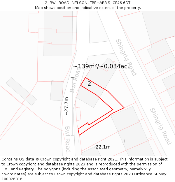 2, BWL ROAD, NELSON, TREHARRIS, CF46 6DT: Plot and title map