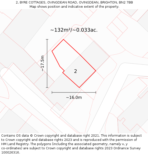 2, BYRE COTTAGES, OVINGDEAN ROAD, OVINGDEAN, BRIGHTON, BN2 7BB: Plot and title map