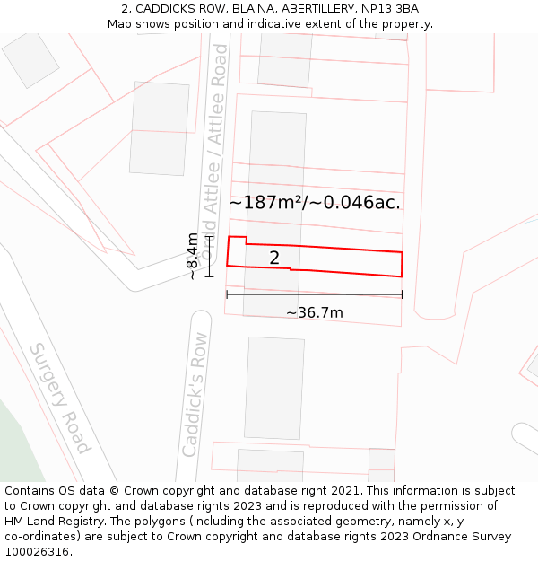 2, CADDICKS ROW, BLAINA, ABERTILLERY, NP13 3BA: Plot and title map
