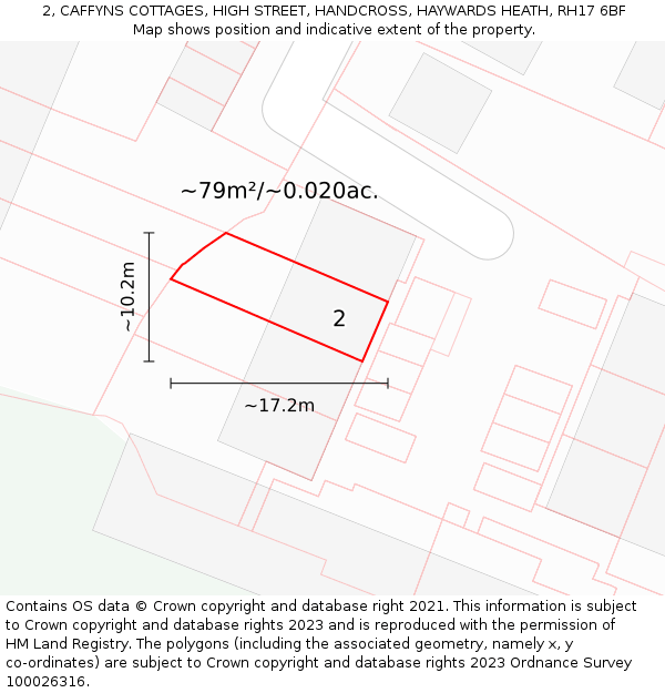 2, CAFFYNS COTTAGES, HIGH STREET, HANDCROSS, HAYWARDS HEATH, RH17 6BF: Plot and title map