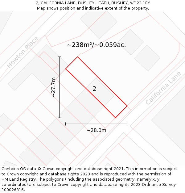 2, CALIFORNIA LANE, BUSHEY HEATH, BUSHEY, WD23 1EY: Plot and title map