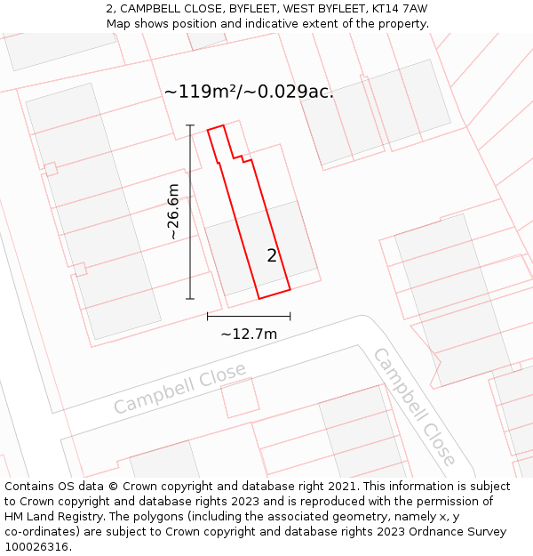 2, CAMPBELL CLOSE, BYFLEET, WEST BYFLEET, KT14 7AW: Plot and title map