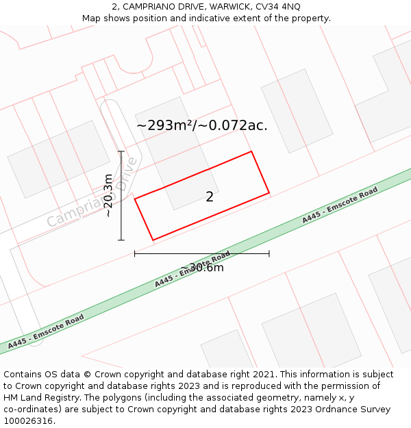 2, CAMPRIANO DRIVE, WARWICK, CV34 4NQ: Plot and title map