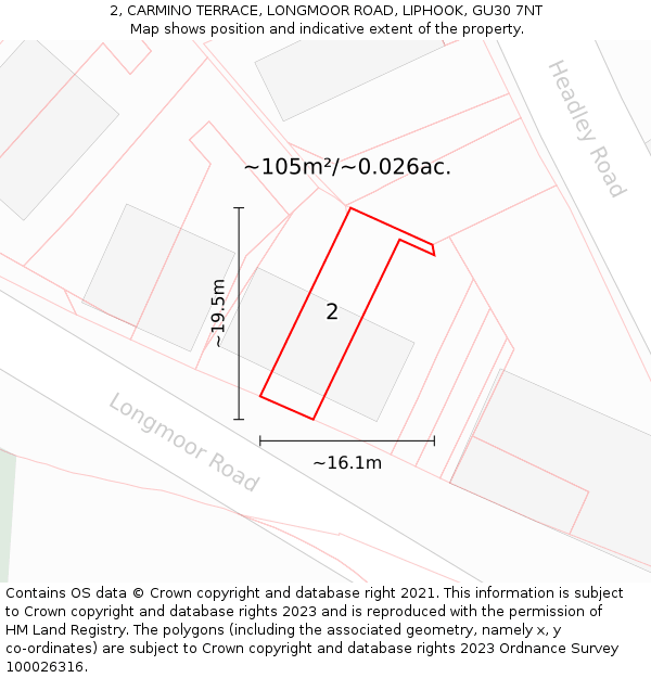 2, CARMINO TERRACE, LONGMOOR ROAD, LIPHOOK, GU30 7NT: Plot and title map