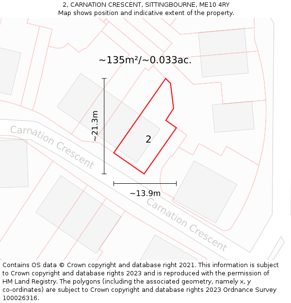 2, CARNATION CRESCENT, SITTINGBOURNE, ME10 4RY: Plot and title map