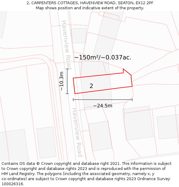 2, CARPENTERS COTTAGES, HAVENVIEW ROAD, SEATON, EX12 2PF: Plot and title map