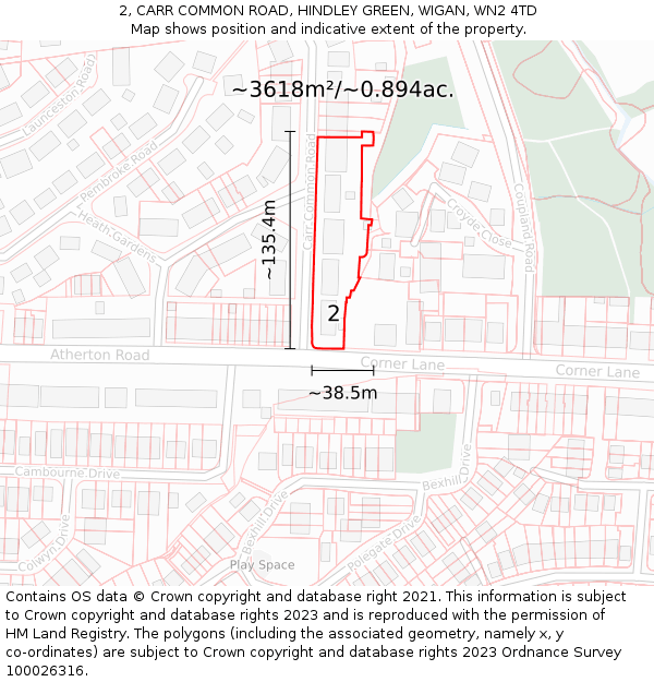 2, CARR COMMON ROAD, HINDLEY GREEN, WIGAN, WN2 4TD: Plot and title map