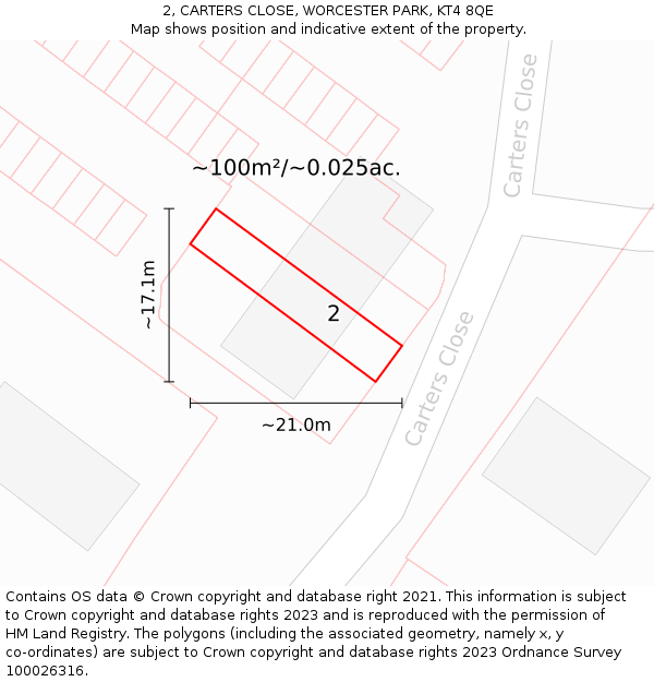 2, CARTERS CLOSE, WORCESTER PARK, KT4 8QE: Plot and title map
