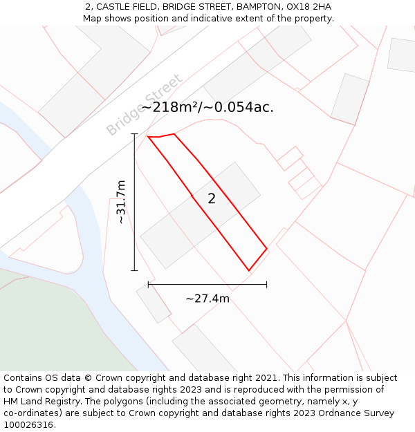 2, CASTLE FIELD, BRIDGE STREET, BAMPTON, OX18 2HA: Plot and title map