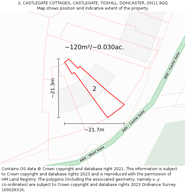 2, CASTLEGATE COTTAGES, CASTLEGATE, TICKHILL, DONCASTER, DN11 9QQ: Plot and title map