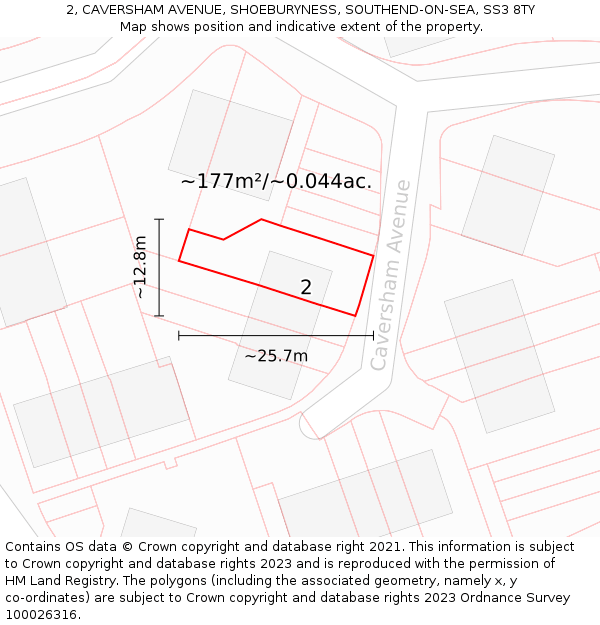 2, CAVERSHAM AVENUE, SHOEBURYNESS, SOUTHEND-ON-SEA, SS3 8TY: Plot and title map