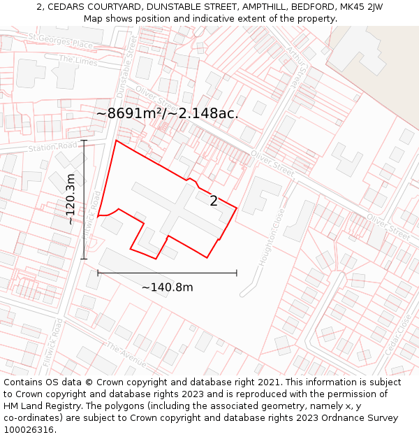2, CEDARS COURTYARD, DUNSTABLE STREET, AMPTHILL, BEDFORD, MK45 2JW: Plot and title map