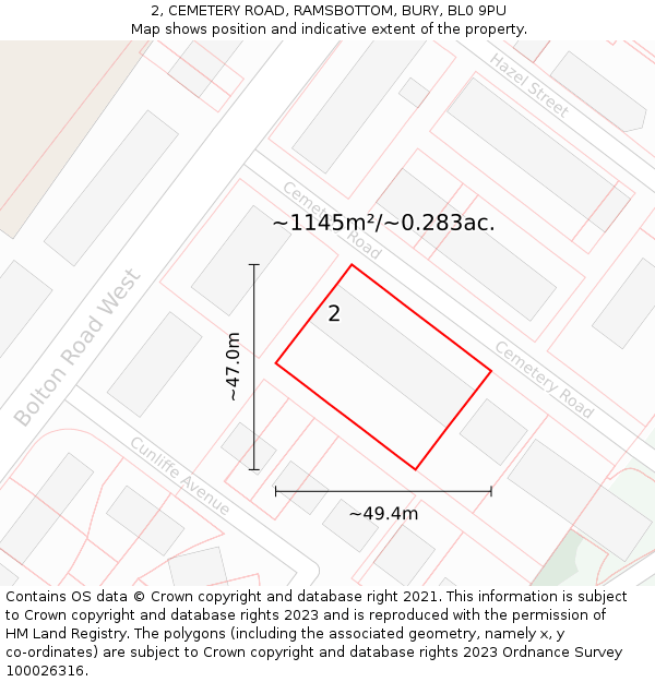 2, CEMETERY ROAD, RAMSBOTTOM, BURY, BL0 9PU: Plot and title map