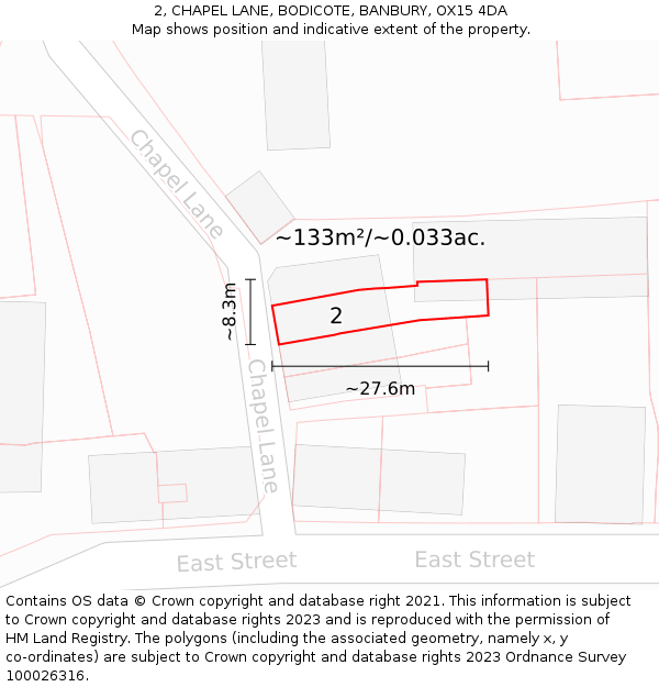 2, CHAPEL LANE, BODICOTE, BANBURY, OX15 4DA: Plot and title map