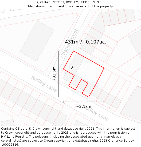 2, CHAPEL STREET, RODLEY, LEEDS, LS13 1LL: Plot and title map