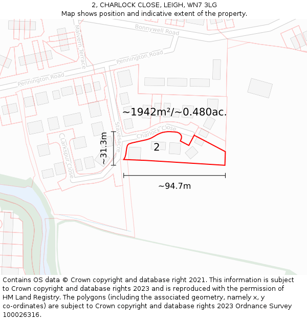 2, CHARLOCK CLOSE, LEIGH, WN7 3LG: Plot and title map