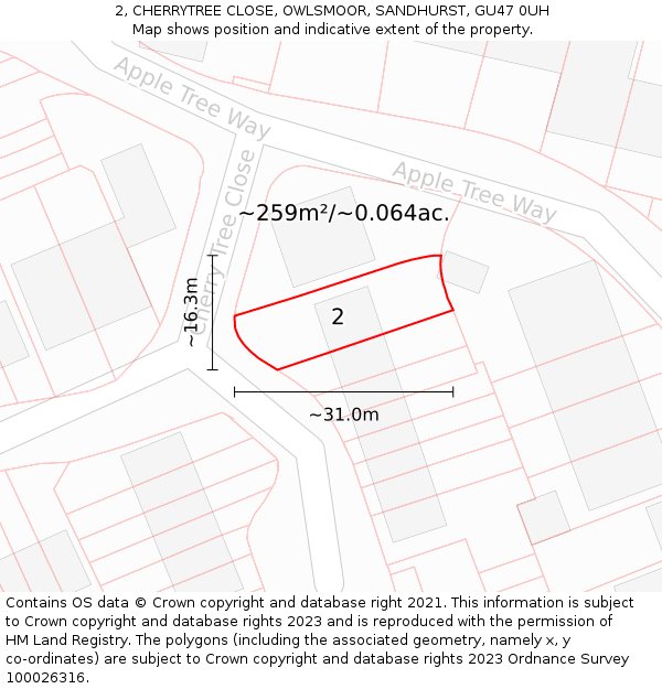 2, CHERRYTREE CLOSE, OWLSMOOR, SANDHURST, GU47 0UH: Plot and title map