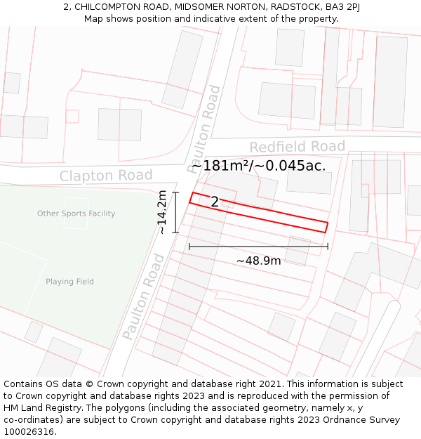2, CHILCOMPTON ROAD, MIDSOMER NORTON, RADSTOCK, BA3 2PJ: Plot and title map