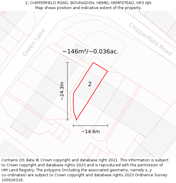 2, CHIPPERFIELD ROAD, BOVINGDON, HEMEL HEMPSTEAD, HP3 0JN: Plot and title map