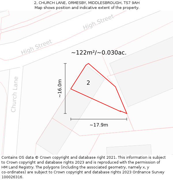 2, CHURCH LANE, ORMESBY, MIDDLESBROUGH, TS7 9AH: Plot and title map