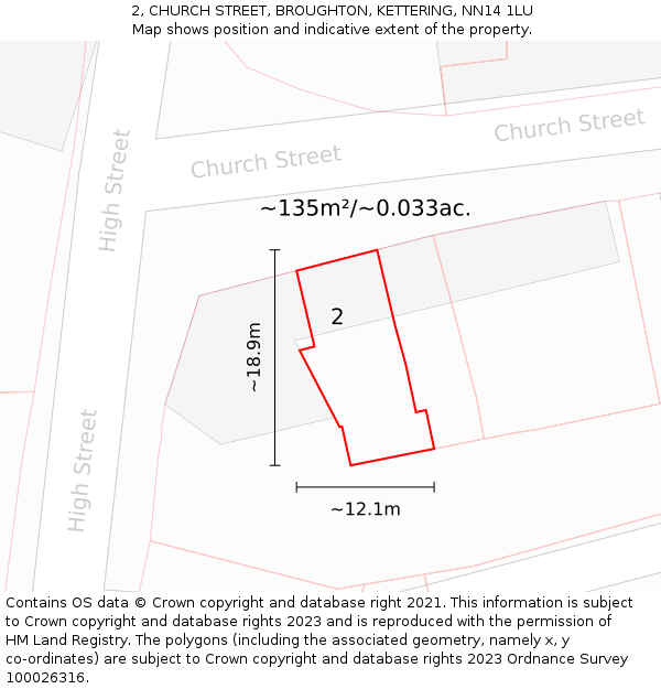 2, CHURCH STREET, BROUGHTON, KETTERING, NN14 1LU: Plot and title map