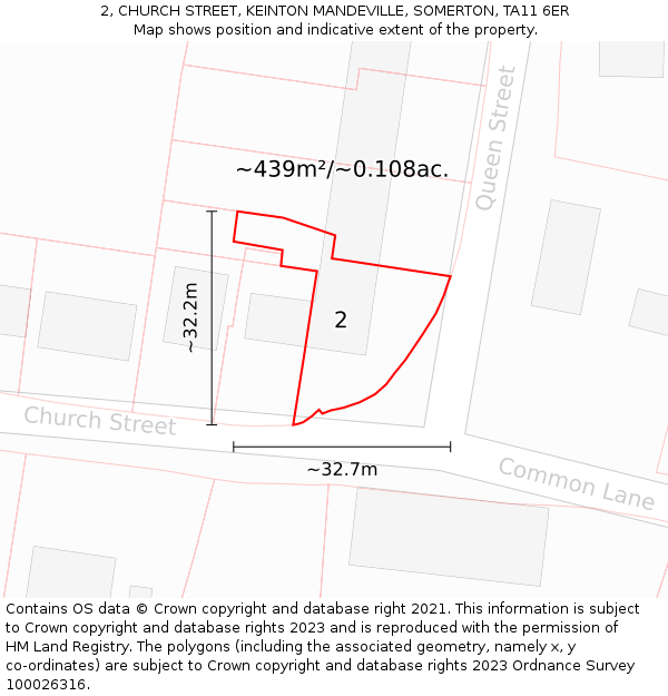 2, CHURCH STREET, KEINTON MANDEVILLE, SOMERTON, TA11 6ER: Plot and title map