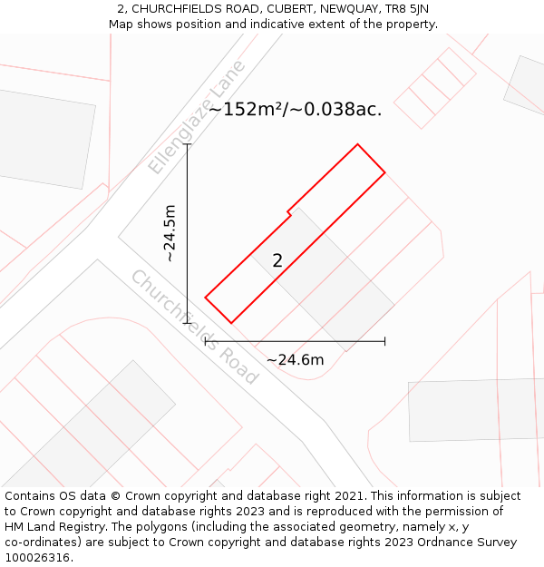 2, CHURCHFIELDS ROAD, CUBERT, NEWQUAY, TR8 5JN: Plot and title map