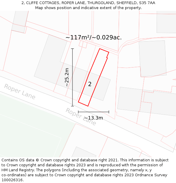 2, CLIFFE COTTAGES, ROPER LANE, THURGOLAND, SHEFFIELD, S35 7AA: Plot and title map