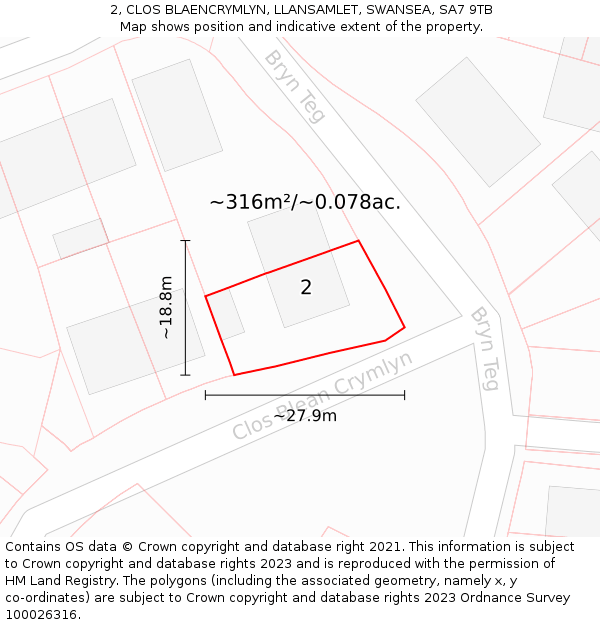 2, CLOS BLAENCRYMLYN, LLANSAMLET, SWANSEA, SA7 9TB: Plot and title map