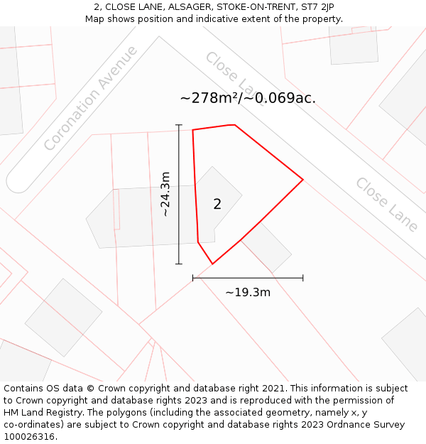 2, CLOSE LANE, ALSAGER, STOKE-ON-TRENT, ST7 2JP: Plot and title map