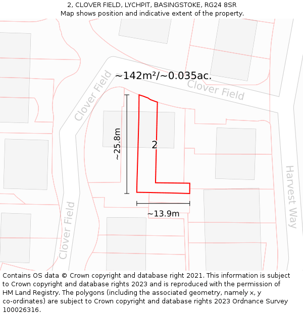 2, CLOVER FIELD, LYCHPIT, BASINGSTOKE, RG24 8SR: Plot and title map
