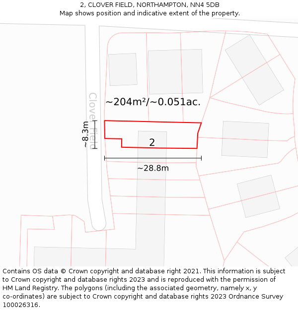 2, CLOVER FIELD, NORTHAMPTON, NN4 5DB: Plot and title map