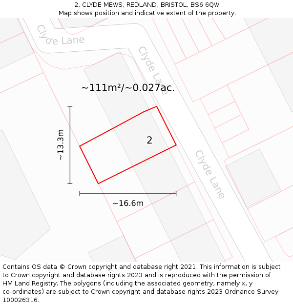 2, CLYDE MEWS, REDLAND, BRISTOL, BS6 6QW: Plot and title map