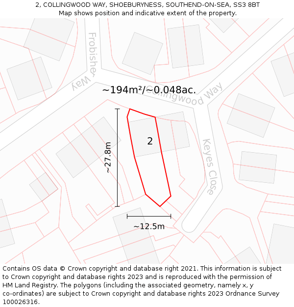 2, COLLINGWOOD WAY, SHOEBURYNESS, SOUTHEND-ON-SEA, SS3 8BT: Plot and title map