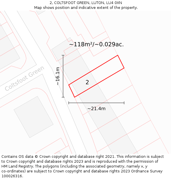 2, COLTSFOOT GREEN, LUTON, LU4 0XN: Plot and title map
